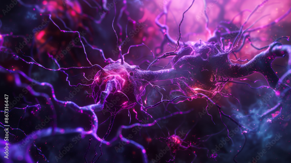Poster purple and red image of a brain with many purple and red lines. modern cell research. abstract backg