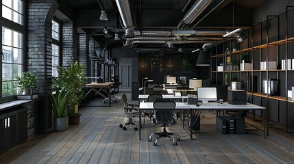 A large open plan office with white desks and black chairs, wooden flooring, industrial ceiling design, metal bookshelves on the right side of picture, some plants in front of windows, brick wall