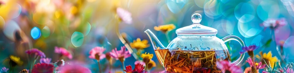 banner Close-up of herbal tea infusing in a glass teapot, vibrant and colorful,