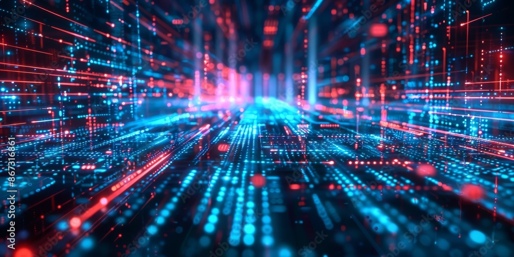 Poster futuristic data stream depicted in high definition with vibrant blue and red light trails in a digit