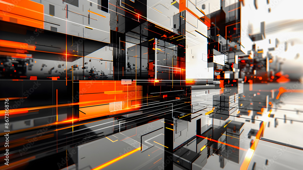 Poster striking angular geometric compositions in vibrant metallic textures on monochrome digital landscape