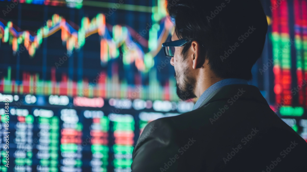Poster rear view of a man near a digital screen with graphs on a large background. an investor evaluates an