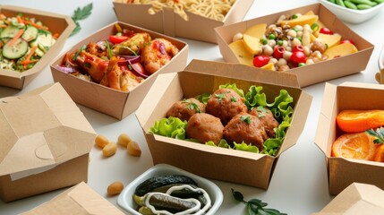 Collection delicious food menus boxes ready to eat on a white background wallpaper AI generated image