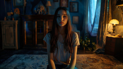 Portrait of a young girl sitting on a large bed in a room. Beautiful long-haired woman posing in the bedroom. The concept of rest, relaxation.