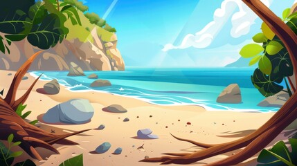Naklejka premium Empty Tropical Beach Scene with Ocean and Rocks on Sand. Paradise Island Landscape Illustration. Ideal Background for Summer, Vacation, and Travel Concepts.