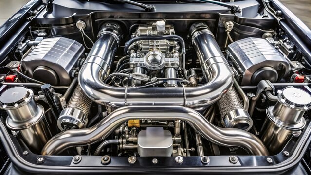 High-performance, heavily-modified, black, 3-liter, inline-six engine with twin turbochargers and stainless steel exhaust system in a shiny, silver engine bay.