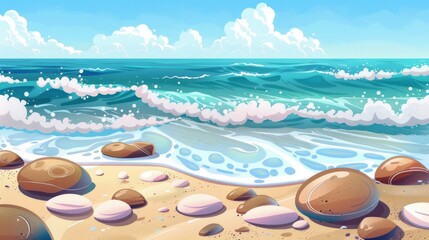 Obraz premium Scenic Beach Landscape with Waves and Rocks. Cartoon Illustration of Ocean Shore, Ideal for Summer, Vacation, and Nature Themes