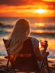 photograph from back side of blonde female executive sitting in beach chair, casually holding a drink, admiring the sunset, Generative Ai