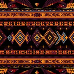 a seamless pattern of an Aztec and African tribal textile with geometric patterns in brown, yellow, red and purple colors, on dark background. The design incorporates warm tones and earthy hues,