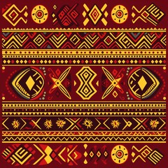 Traditional folk art pattern, tribal motifs and stripes in deep burgundy red with yellow accents on dark brown background, seamless fabric design for textile printing. Vector illustration of ethnic