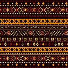 Traditional folk art pattern, tribal motifs and stripes in deep burgundy red with yellow accents on dark brown background, seamless fabric design for textile printing. Vector illustration of ethnic