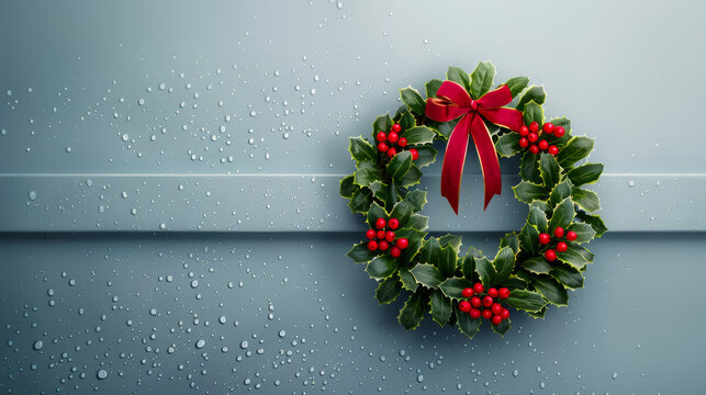 A charming holiday wreath adorned with red berries and gold ribbon on a frosted window watercolour illustration 