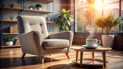 Cozy office lounge setting with a steaming cup of coffee on an armchair, conveying a sense of relaxation and recharge.