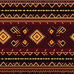 Traditional folk art pattern, tribal motifs and stripes in deep burgundy red with yellow accents on dark brown background, seamless fabric design for textile printing. Vector illustration of ethnic