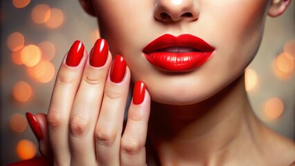 Fototapeta premium Vibrant coral nail polish and bold red lipstick stand out against a blurred, neutral background in a femininely styled close-up.