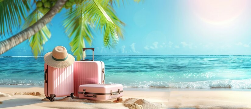 Beautiful beach with suitcases, hat on blue sea in background, palm trees, summer vacation concept.