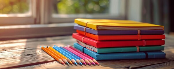 A stack of colorful notebooks with pencils arranged neatly beside them, on a wooden desk, sunlight filtering through the window, vintage style, high detail, vibrant colors