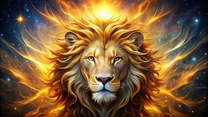 Fototapeta premium Golden lion's majestic maned head with fiery mane and regal aura, radiating powerful celestial energy amidst starry cosmos, symbolizing fearless courage and strength.