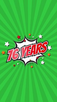 Celebratory animation for 76th seventy-sixth anniversary - 76 seventy-six years birthday. Animated text on pop colorful background with rotating rays.