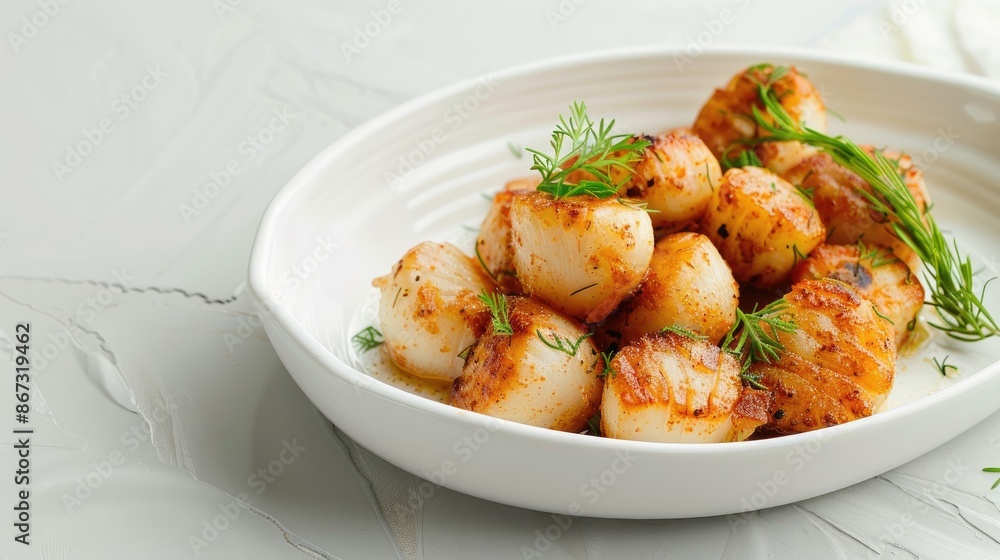 Poster tasty fried scallops in a dish presented on a white tabletop suitable for adding text