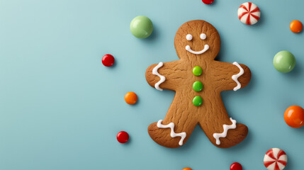 A festive gingerbread man adorned with icing and colorful candy details watercolour illustration 