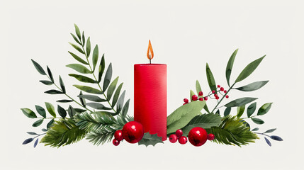 A festive holiday table setting with a decorative red candle and seasonal greenery watercolour illustration 