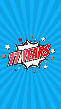 Celebratory animation for 77th seventy-seventh anniversary - 77 seventy-seven years birthday. Animated text on pop colorful background with rotating rays.