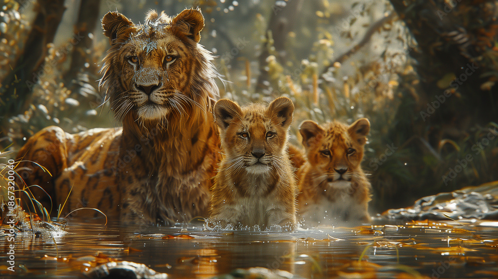 Poster a lion and two cubs stand in a shallow river, surrounded by dense forest and sunlight filtering thro