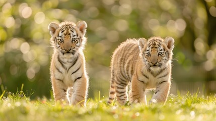 Fototapeta premium Two white tiger cubs sit in a grassy area, looking at the camera.