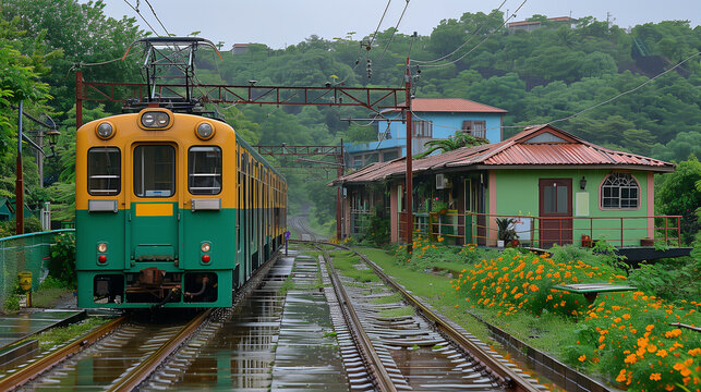 A yellow and green train on wet tracks passes a quaint station surrounded by lush greenery and flowers.