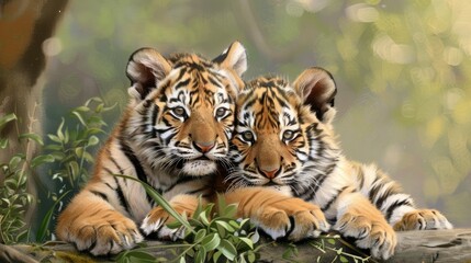 Obraz premium Two white tiger cubs sit in a grassy area, looking at the camera