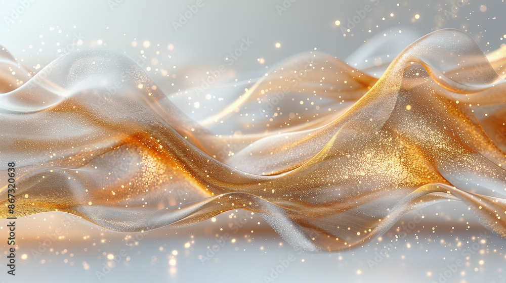 Poster golden and white, flowing, fabric-like waves interspersed with sparkling particles, creating a magic