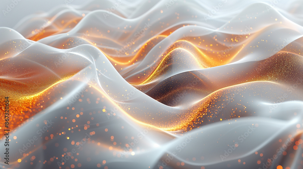 Poster golden and white, flowing, fabric-like waves interspersed with sparkling particles, creating a magic