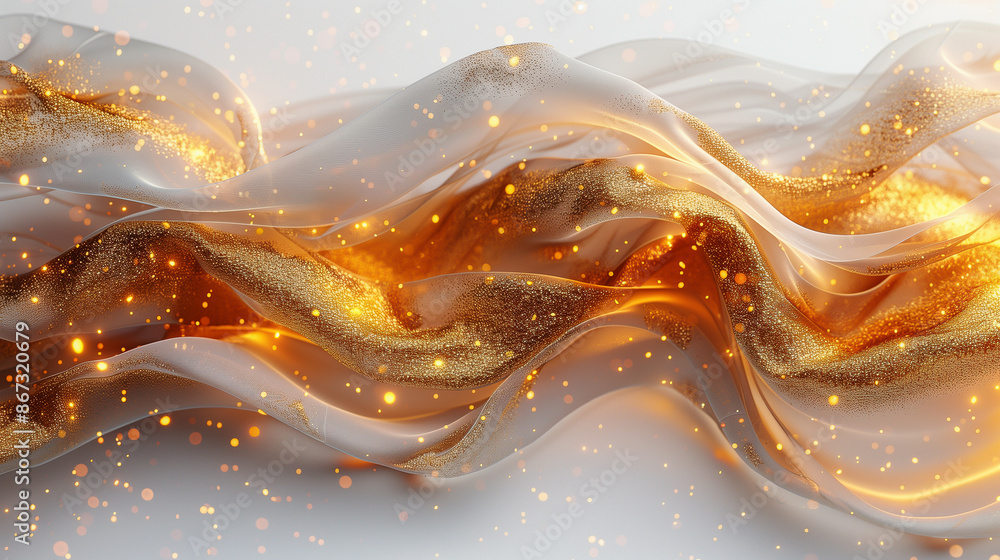 Poster golden and white, flowing, fabric-like waves interspersed with sparkling particles, creating a magic