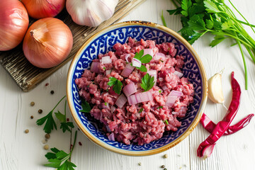 Ground meat mixed with chopped onions and parsley in a wooden bowl