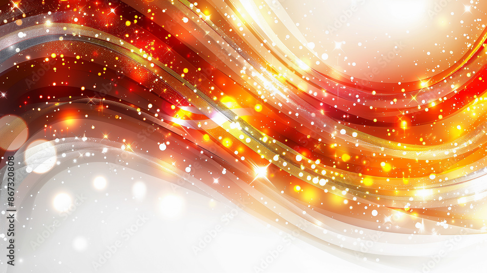 Poster swirling red, gold, and white ribbons with sparkling lights create a vibrant and dynamic abstract ba