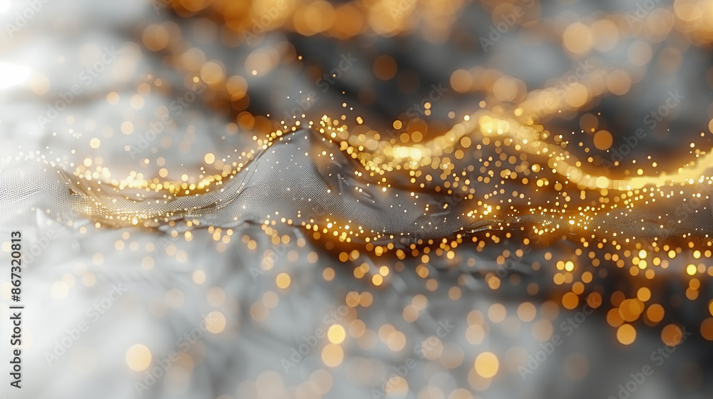 Poster golden sparkles flow over a soft, wavy, white surface, creating a dreamy and ethereal abstract scene