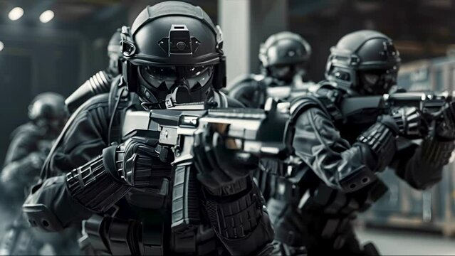 Special forces soldier in advanced tactical gear aiming weapons, prepared for high-tech futuristic combat operations.