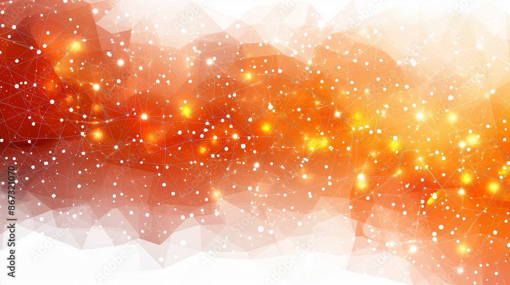 Poster orange and white geometric network with glowing nodes creates a bright, interconnected abstract desi
