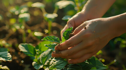 Close-up of young hands planting green plants. An experienced farmer tends to his garden. Concept of nature conservation, ecology and gardening.