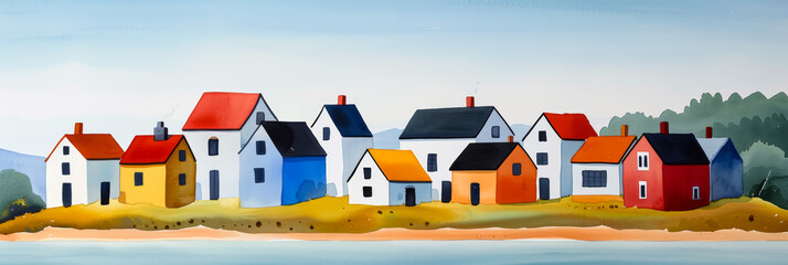A watercolor illustration of a charming coastal village with colorful houses nestled along a sandy shore bright simple watercolour 