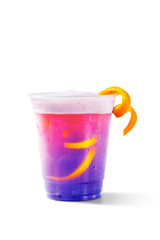 Fresh Delicious Ice Drink on Plastic Cup with Orange Peel as Garnish. Fruit Summer Colorful Cold Beverage. Juice, Syrup, Punch Cocktail, Mocktail, Soda, Squash. Bar, Cafe, Restaurant Menu foam