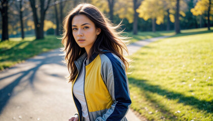 A Woman jogging outdoors on a sunny day