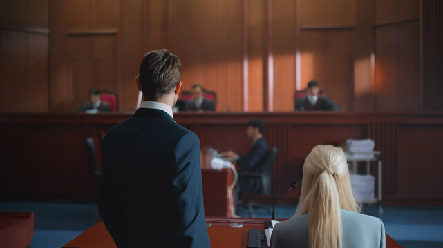 backside of lawyer speaking to attorney judgment in courtroom. legal and law concept
