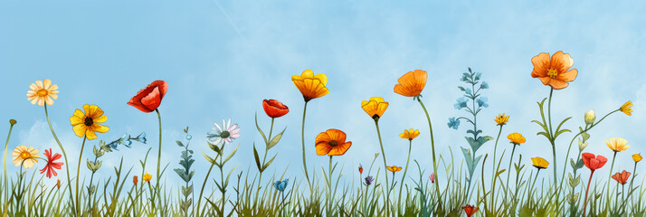 A watercolor illustration of a vibrant wildflower meadow with colorful blooms under a bright blue sky bright simple watercolour 