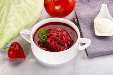 Borsch soup with cabbage and beetroot