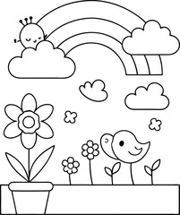 Cute garden flowers, birds cartoon rainbow coloring page