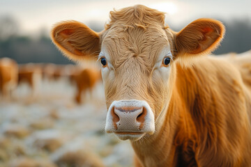 Portrait of brown calf looking at camera outdoors on pasture.