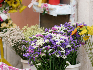 detail of beautiful plants displayed outside by a florist