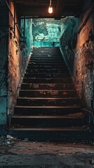 Abandoned Staircase in Graffiti Alley - Eerie staircase in a graffiti-covered alley, illuminated by a single light bulb, creating a haunting urban atmosphere.